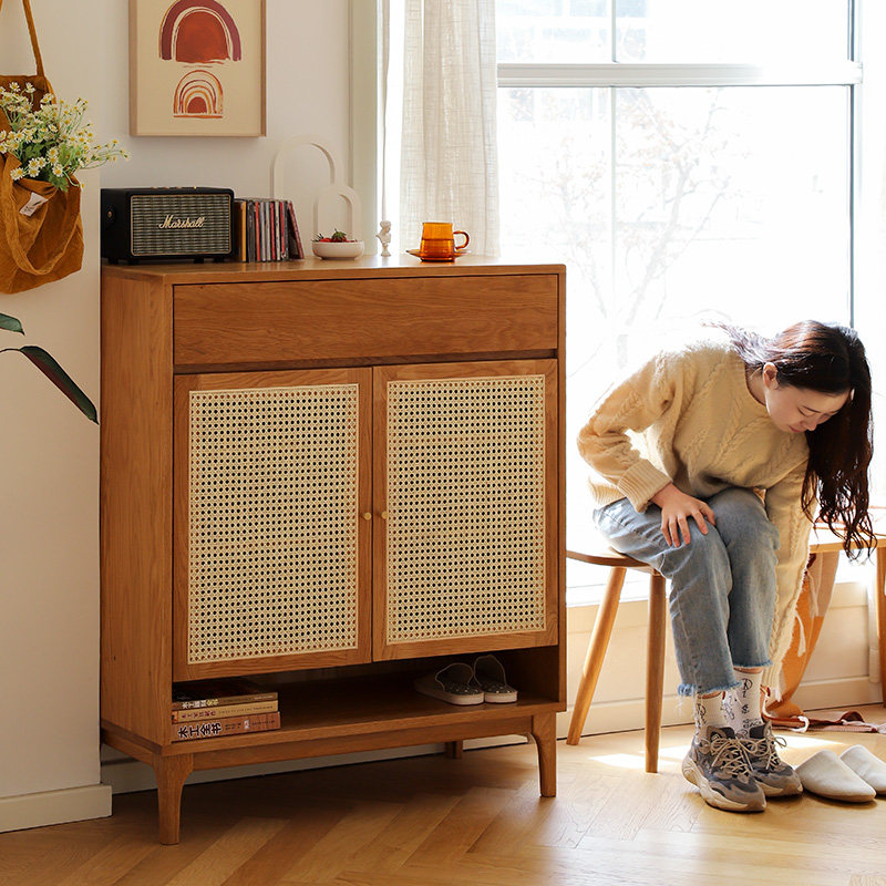 日式鞋柜实木省空间家用玄关白橡木鞋橱小户型鞋柜