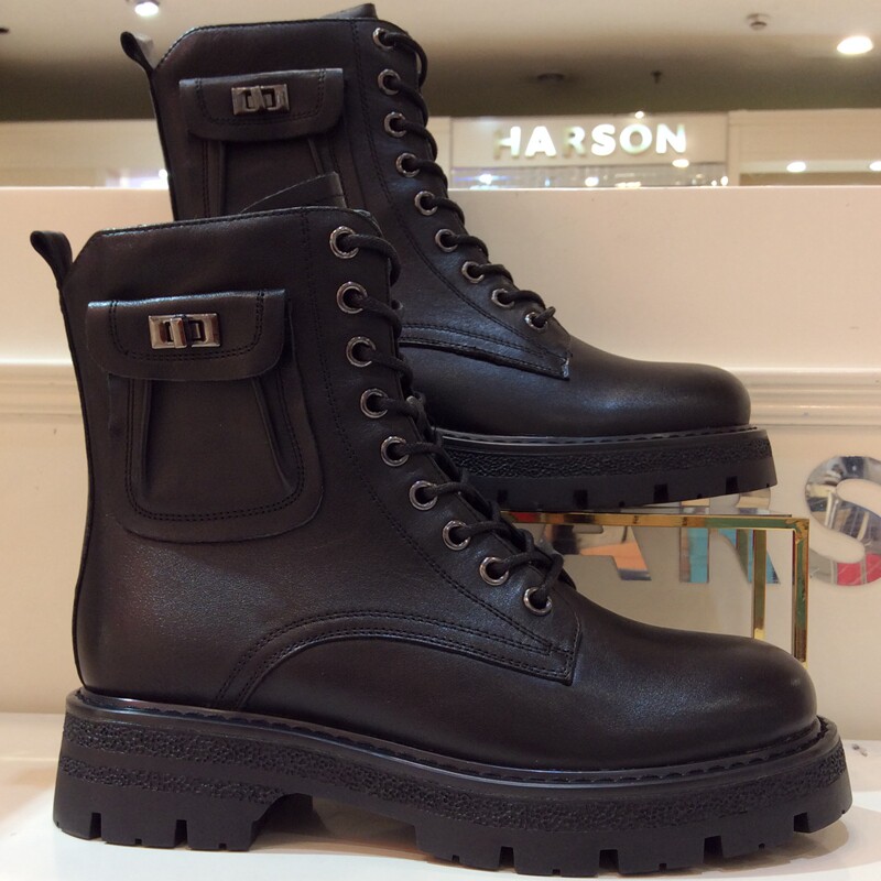 哈森harson专柜正品2021冬季新款中跟加绒马丁马丁靴