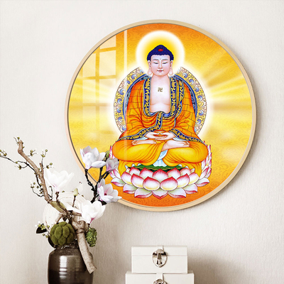 三宝佛画像释迦牟尼佛像药师佛阿弥陀佛圆形装饰画文殊像观音挂画