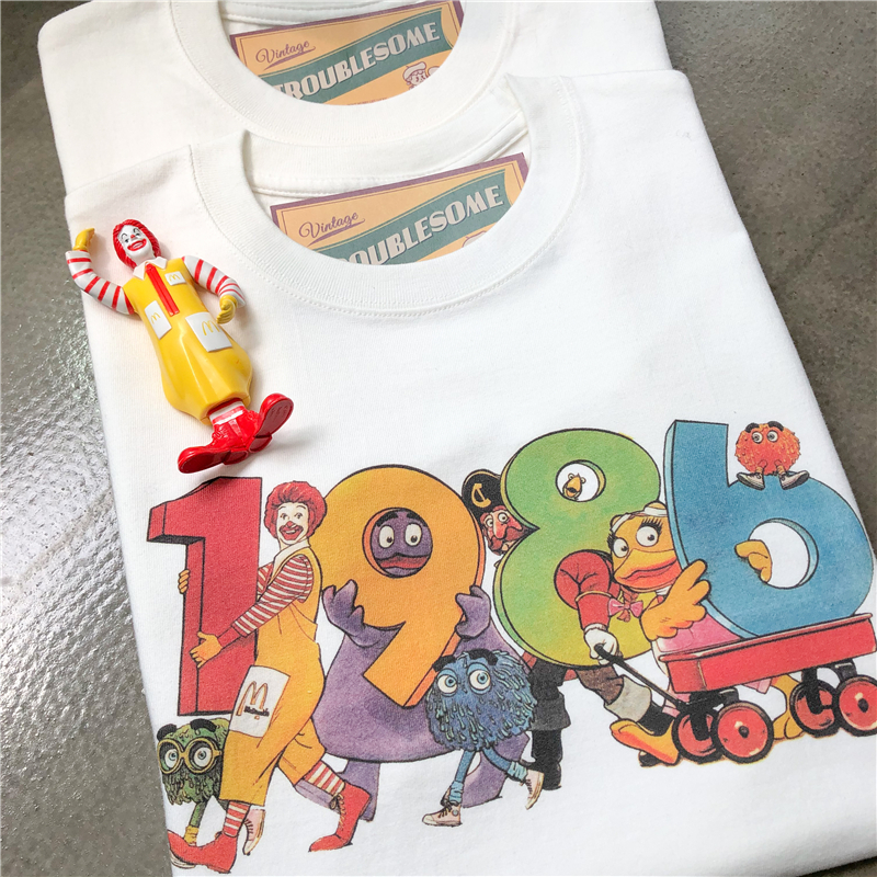 美式复古vintage麦当劳怀旧日系卡通可爱印花重磅纯棉短袖情侣潮