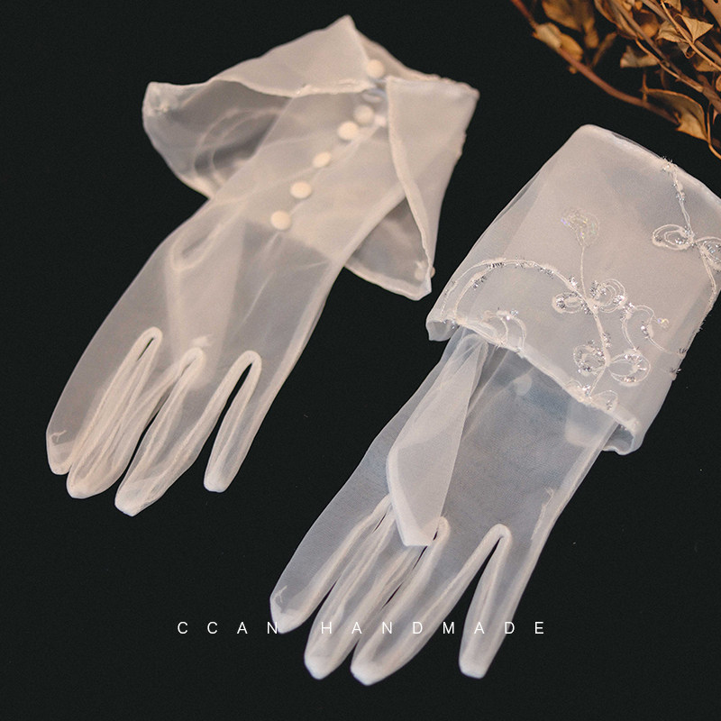 喜看新款白色蕾丝丝布刺绣短款手套新娘结婚手套