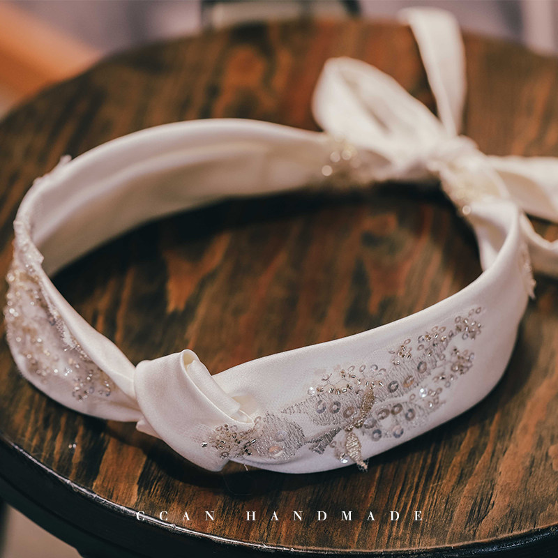 ccan新品原创手工刺绣亮片缎面发带