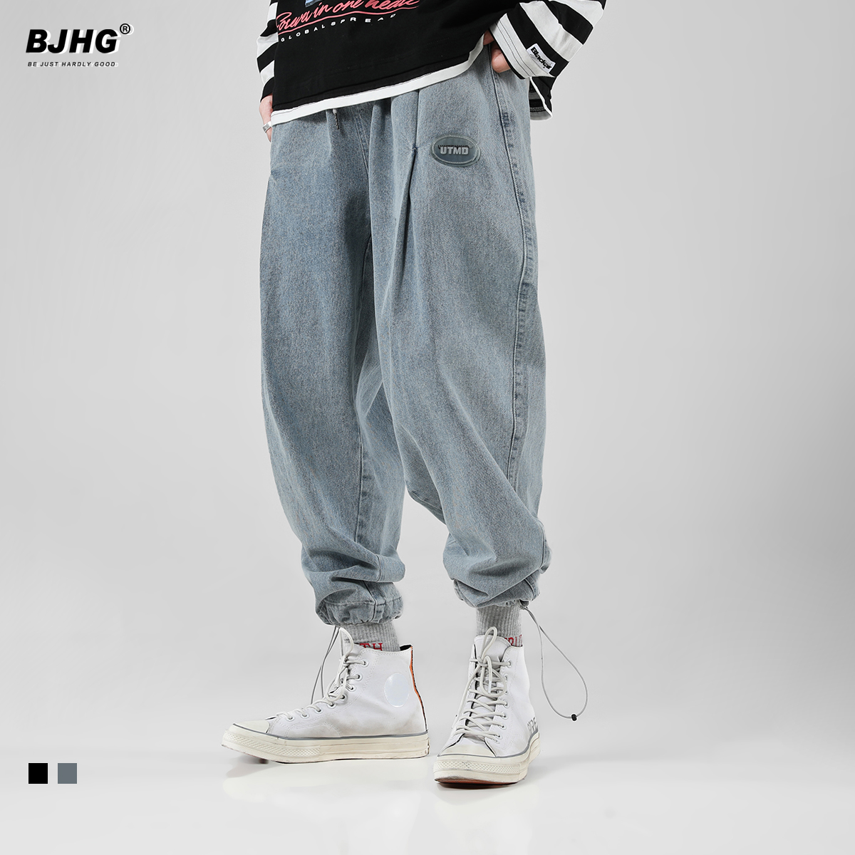 春季加绒束脚牛仔裤潮男新款日系松紧弹力工装宽松阔腿休闲哈伦裤