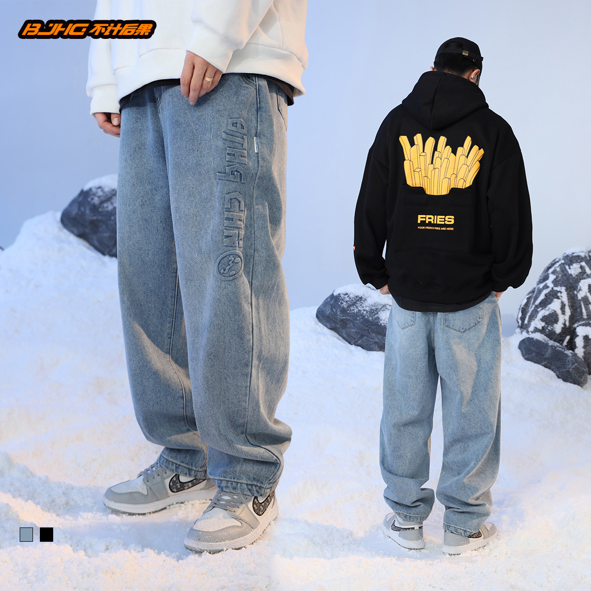BJHG自制春季新款牛仔裤男潮牌字母印花阔腿裤宽松休闲百搭直筒裤