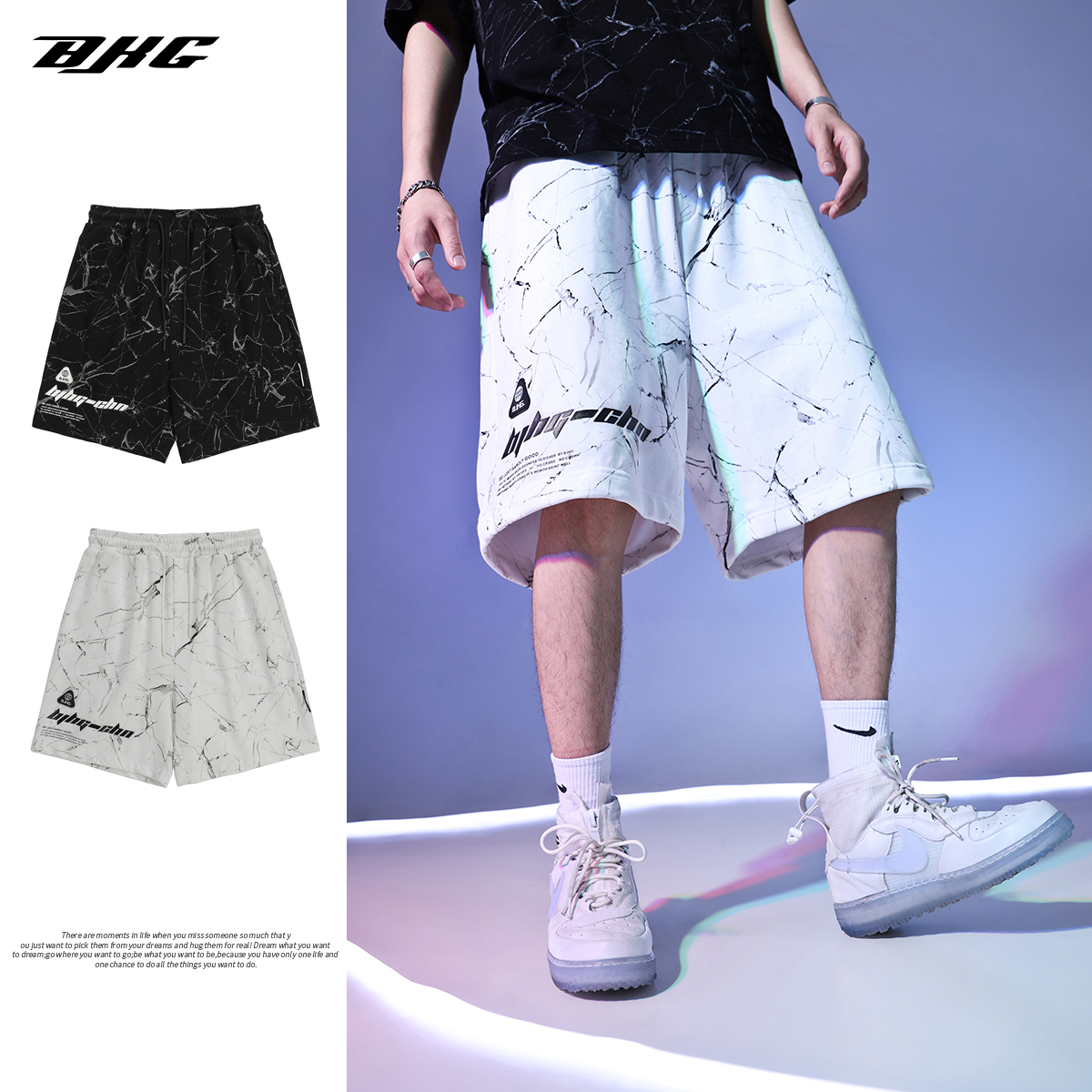 BJHG自制夏季大理石印花短裤男国潮宽松高街休闲情侣直筒五分中裤