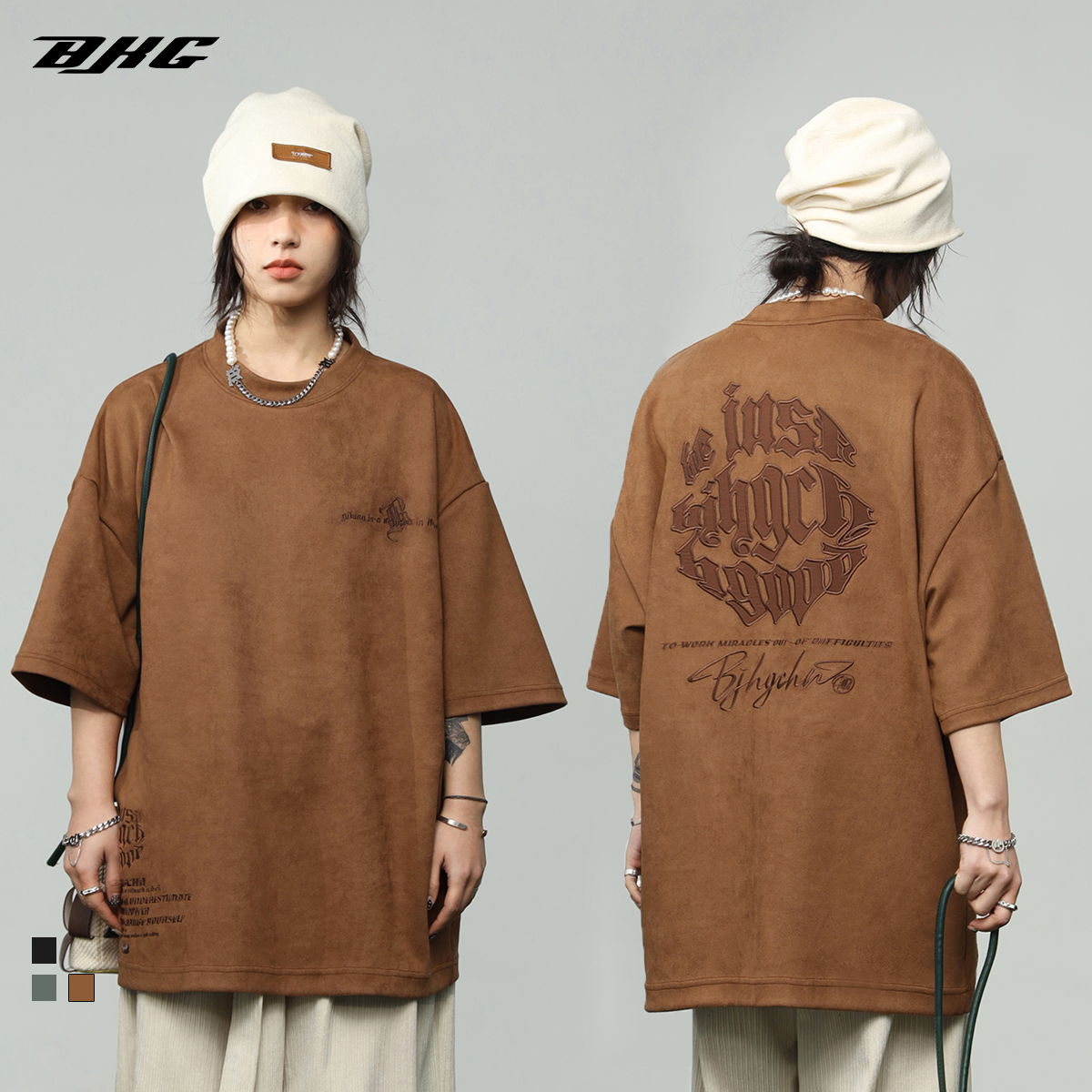 BJHG自制 夏欧美风麂皮绒短袖T恤男女潮牌刺绣宽松情侣五分袖体恤