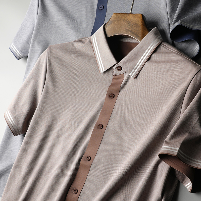 高端工艺~混色免烫面料 高端时尚衬衫款开衫T恤男男士翻领短袖T恤