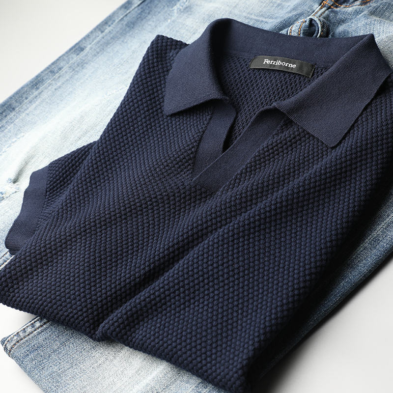 优雅绅士格调男T恤舒适透气棉料菠萝针织男士小V翻领针织短袖T恤