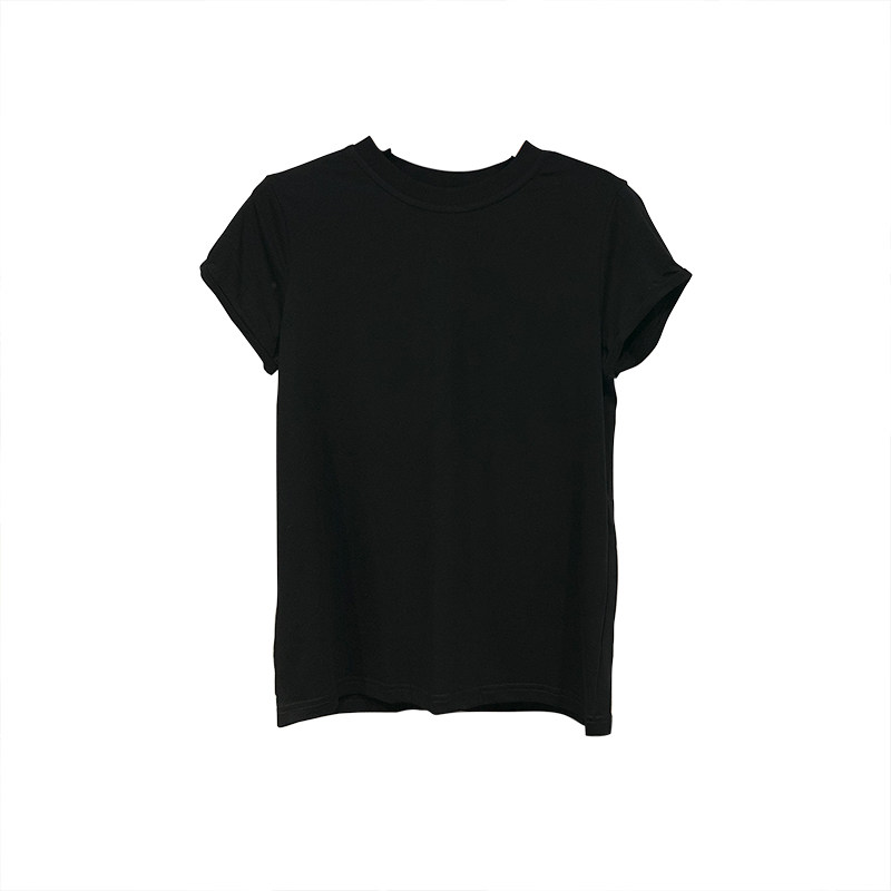 2019春夏mocha新款纯色简单百搭显瘦袖子挽边圆领短袖净版t恤女