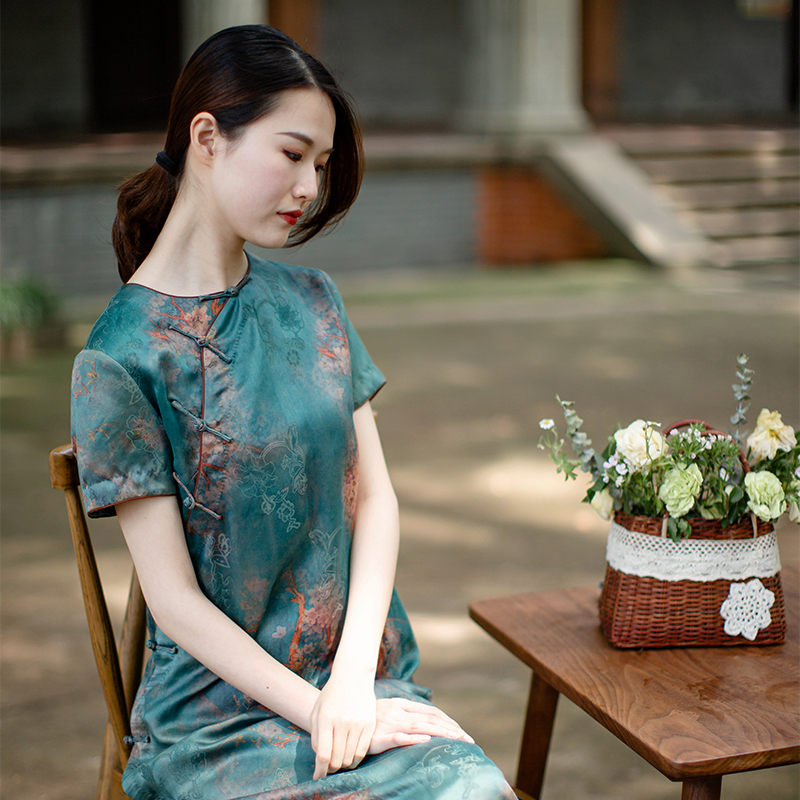 心生意清雅旗袍改良牙边无领蓝色罗清雅透空冰心旗袍