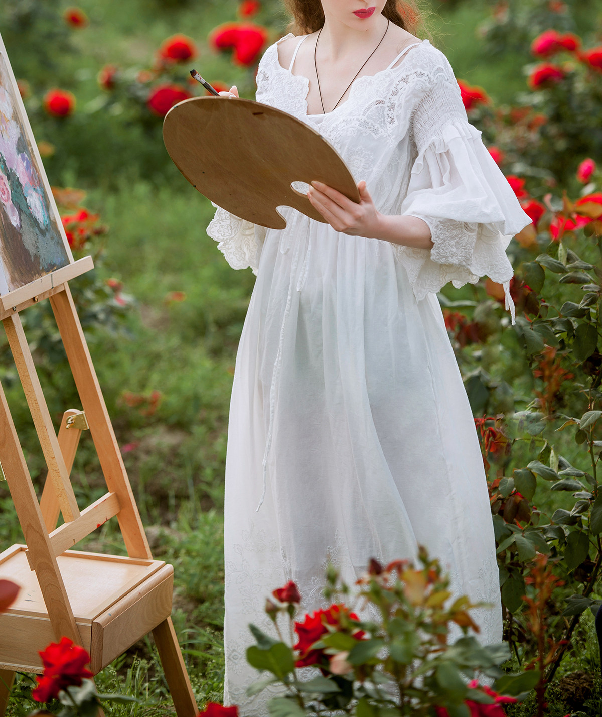 洛丽塔丨欧风复古文艺纯棉重工绣花蕾丝大摆抽袖宫廷连衣长裙简爱