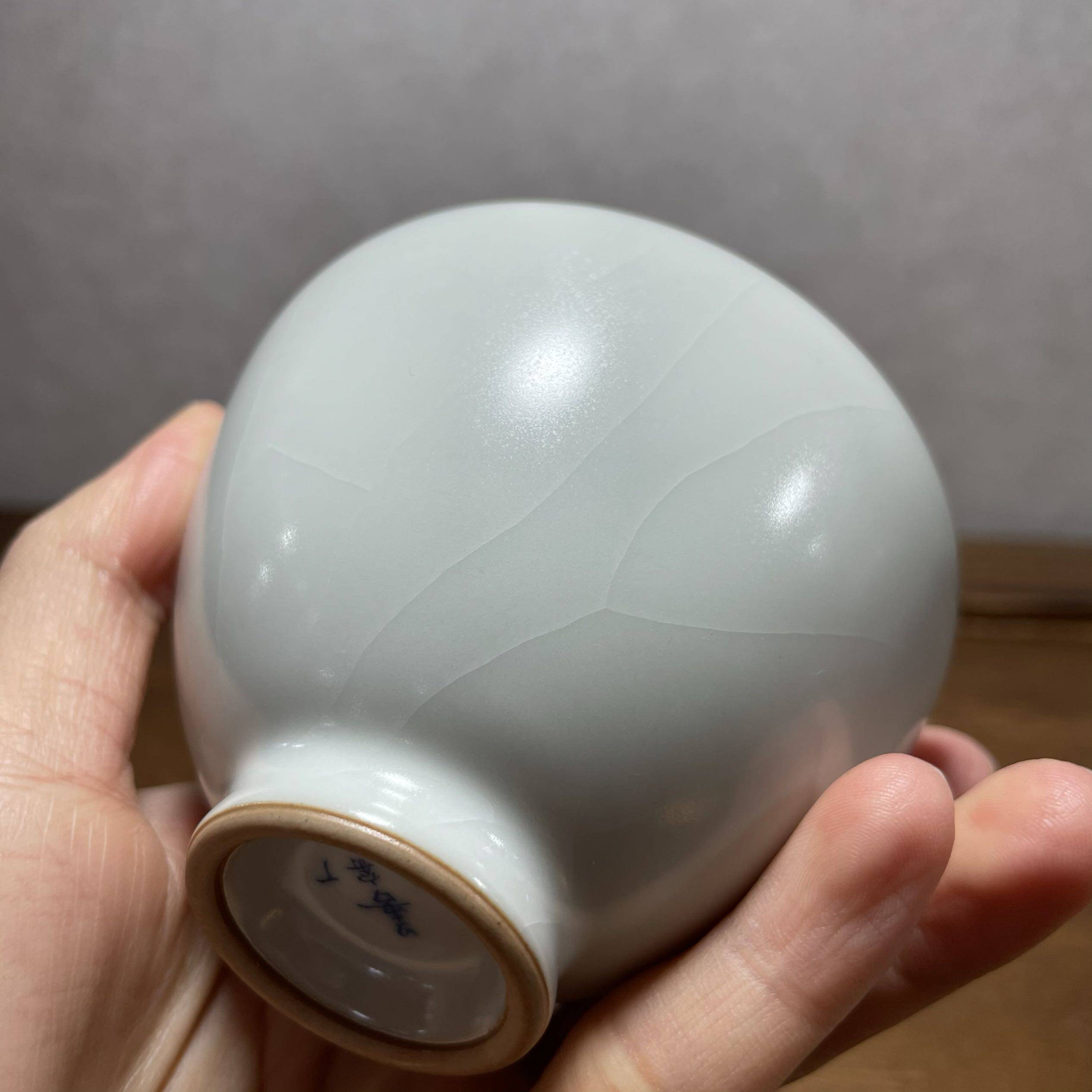 窑厂善字款月白白色鸡心经典款李善明汝窑主人茶杯