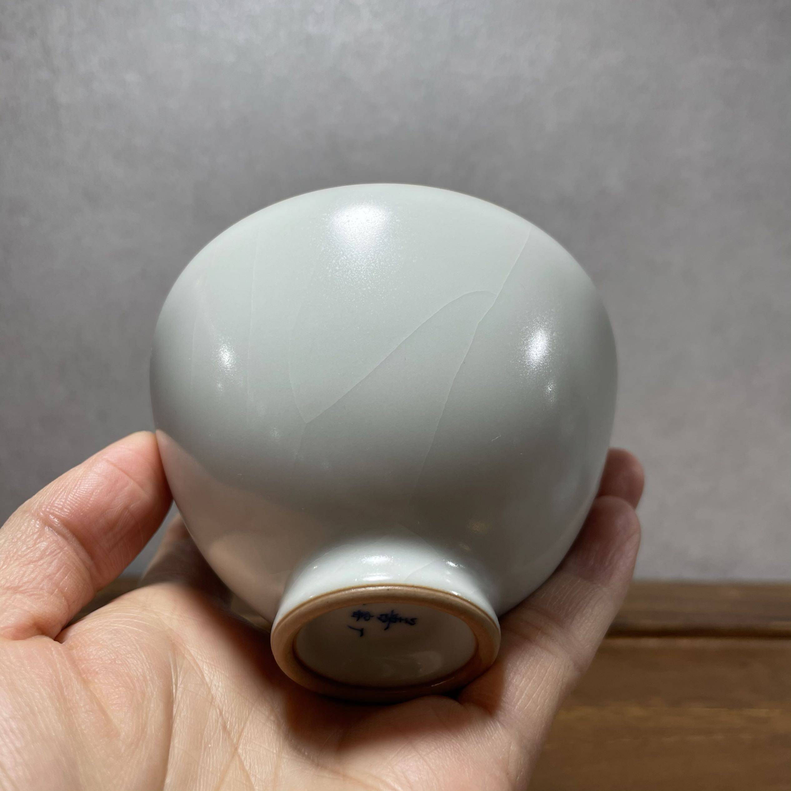 窑厂善字款月白白色鸡心经典款李善明汝窑主人茶杯