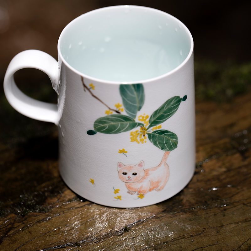 山水间萌猫手绘景德镇手工陶瓷马克杯水水杯可爱马克杯