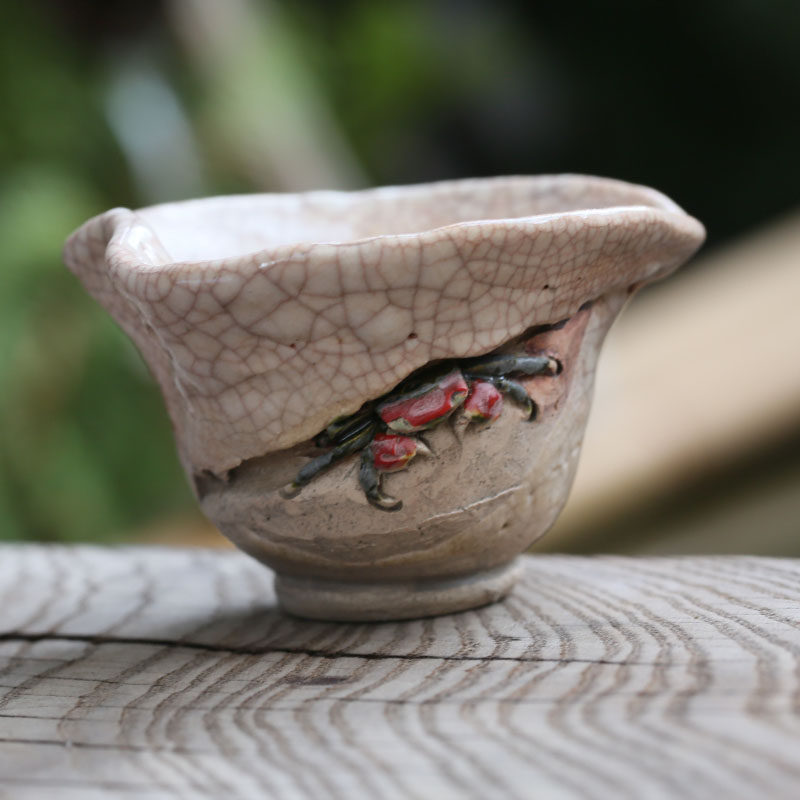 日本进口茶杯中古螃蟹收藏二六乐山水月烧波功夫茶具