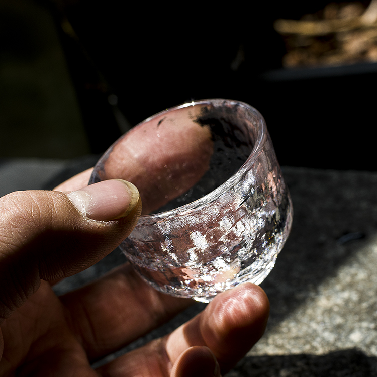 日式手工锤纹玻璃小茶杯耐热加厚直身高足功夫茶杯