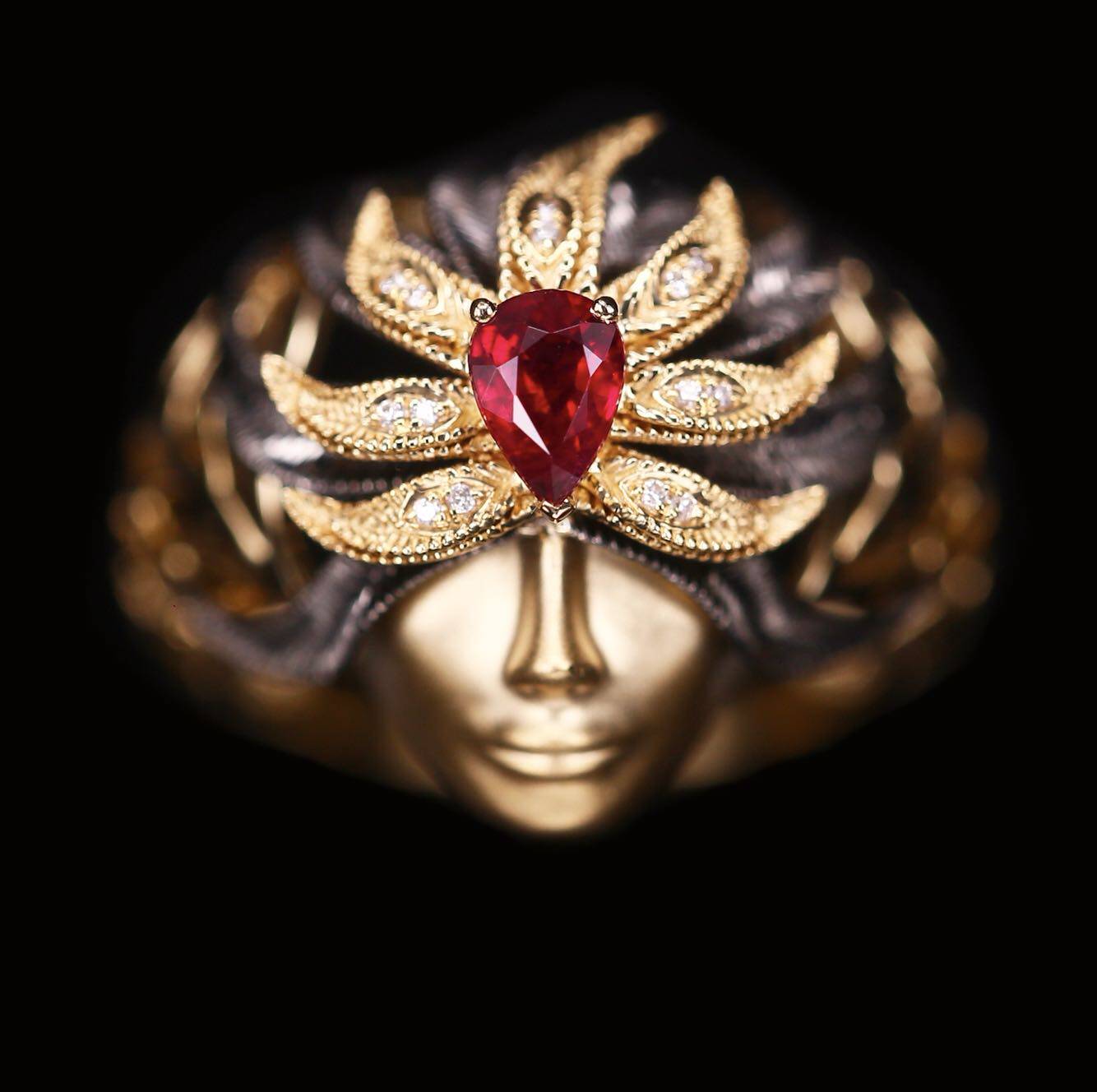 面具神秘感十足阿修罗红宝石钻石戒指雕刻精细手工戒指