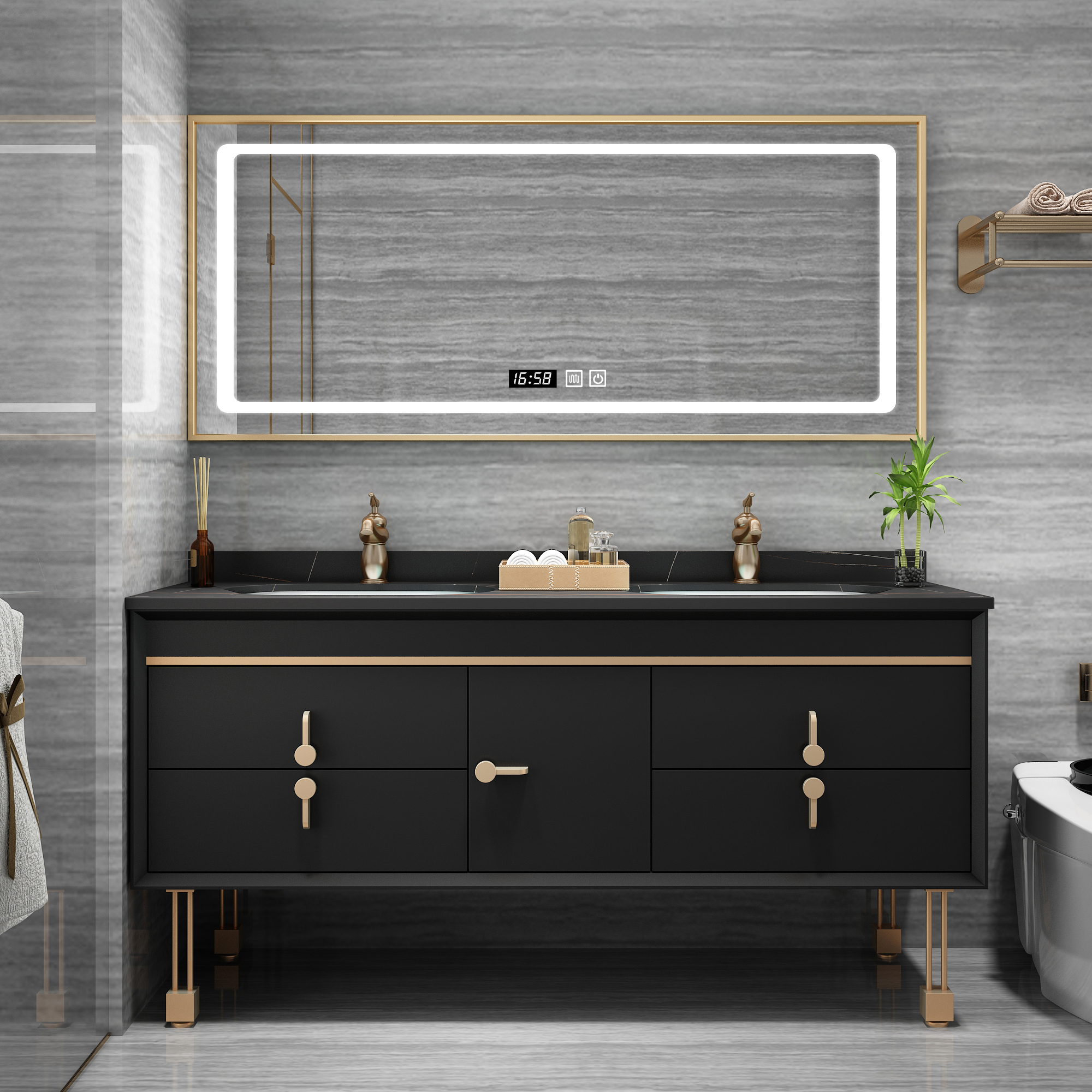 现代轻奢实木大理石浴室柜组合智能洗漱落地式洗手浴室柜组合