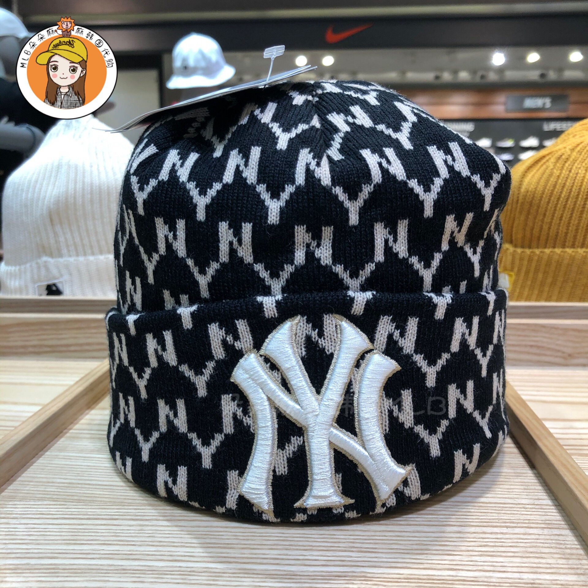 韩国mlb正品经典老花满标毛线印花ny针织帽子