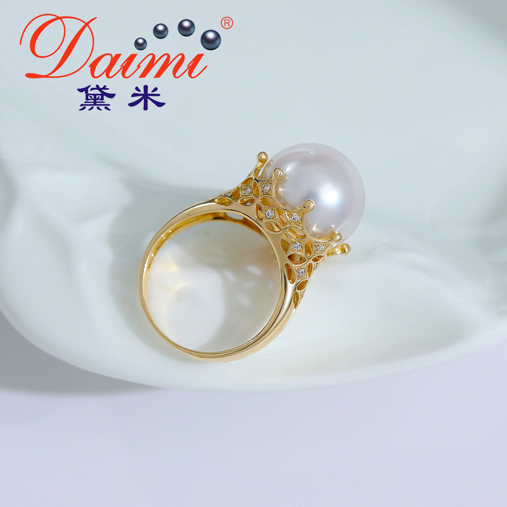 黛米珠宝冠美1314mm白色圆形淡水珍珠戒指14k手饰