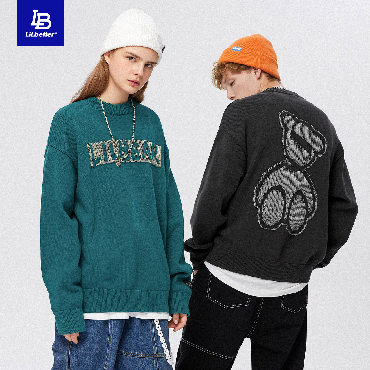 Lilbetter小熊针织衫冬装反光纱线打底衫潮流帅气线衣情侣装毛衣