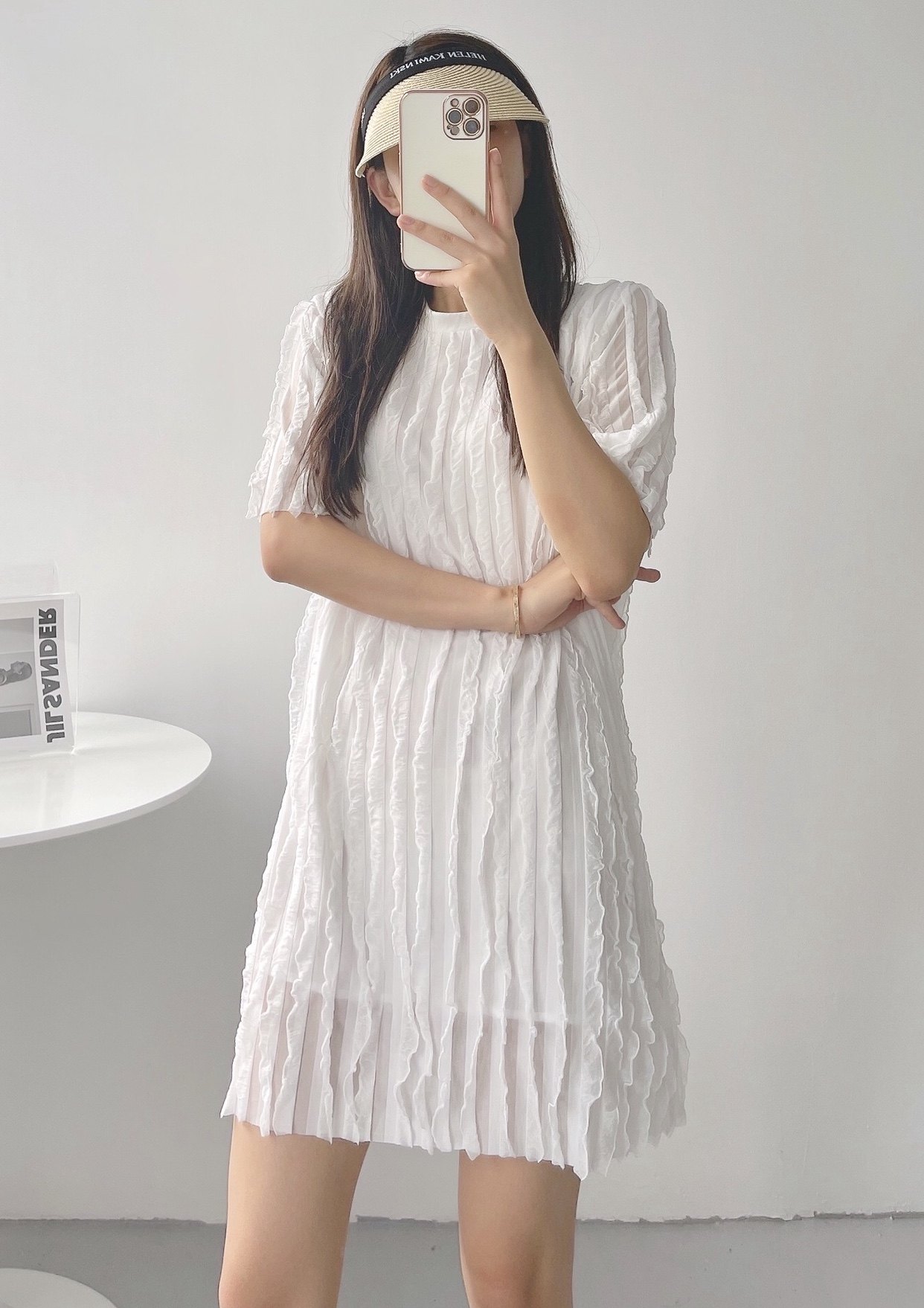 秋季新品原创法式显瘦木耳耳边白色连衣裙雪纺连衣裙