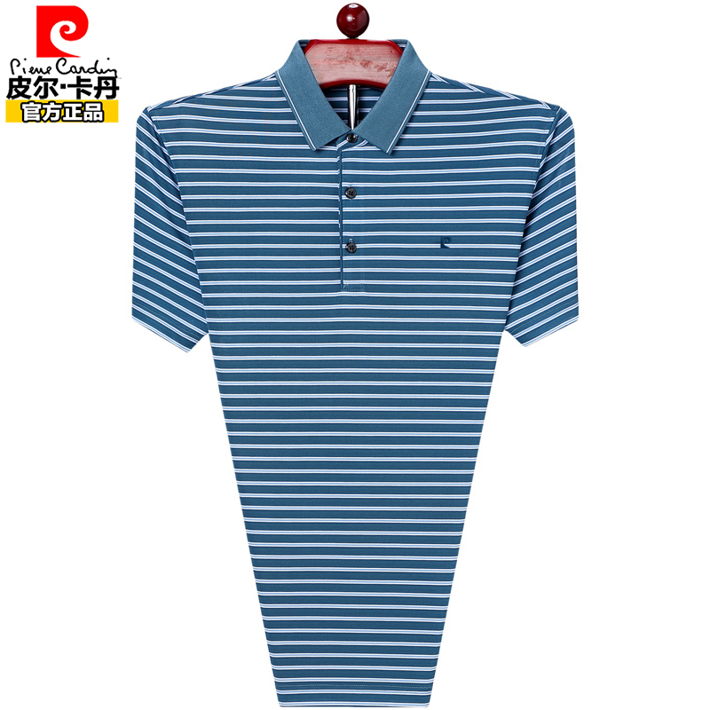 皮尔卡丹高端桑蚕丝条纹短袖t恤男中年爸爸上衣宽松休闲polo衫夏