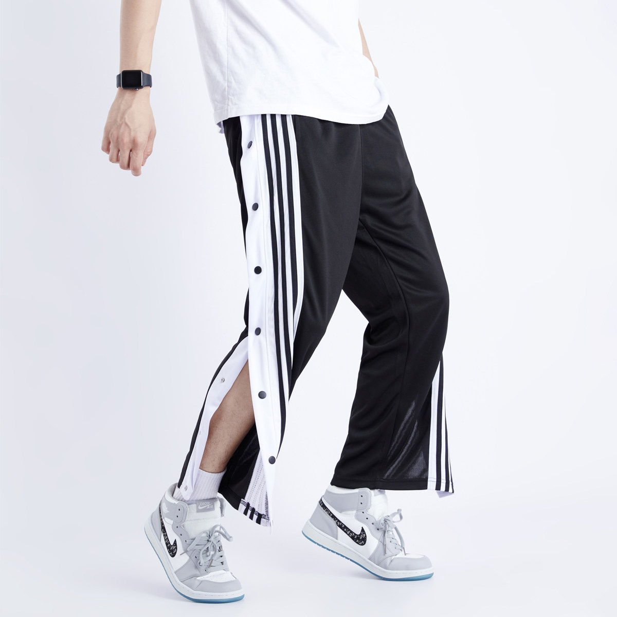 篮球排扣裤高街直筒阔腿扣裤全开运动侧开纽扣运动长裤