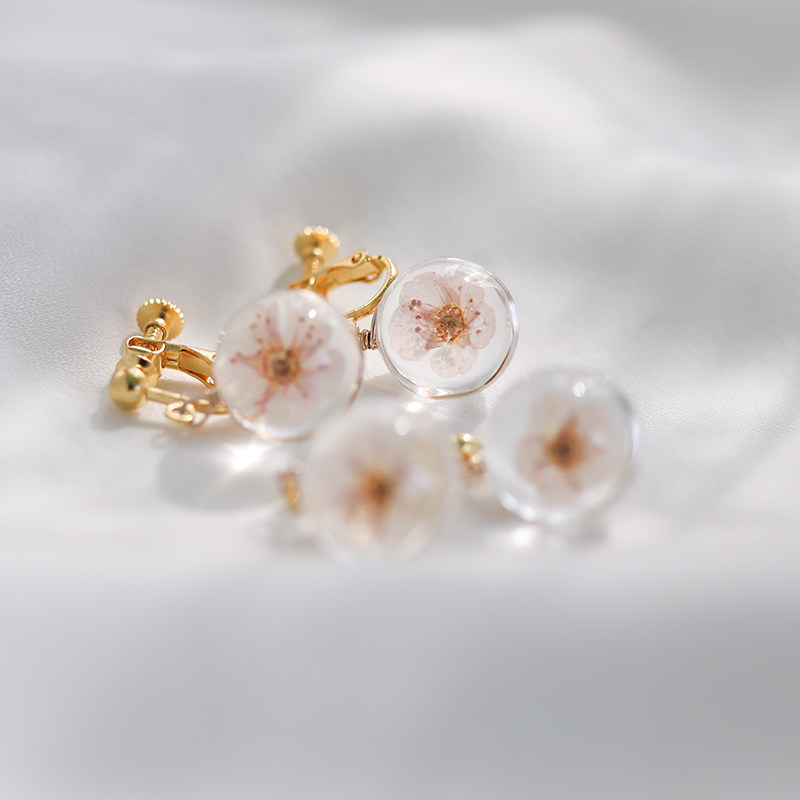 樱花水晶干花珍珠树枝水晶球玻璃珠耳钉耳环小巧耳钉