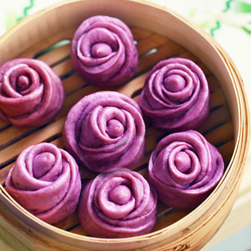 玫瑰紫薯豆沙包子粗粮早餐馒头玫瑰花花朵造型包点