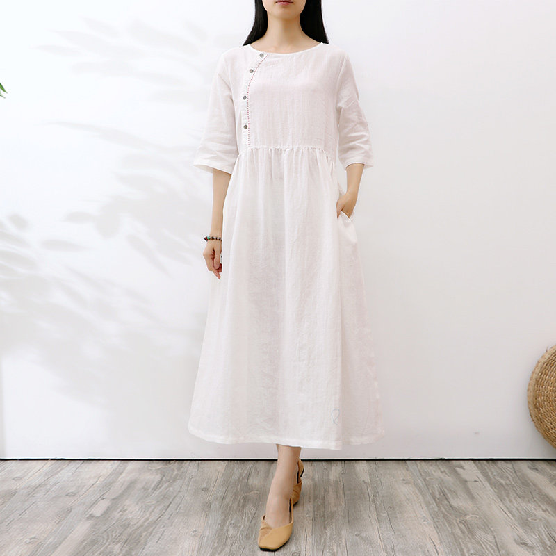 白色白色棉棉麻连衣裙女中中长系带宽松大码长裙连衣裙