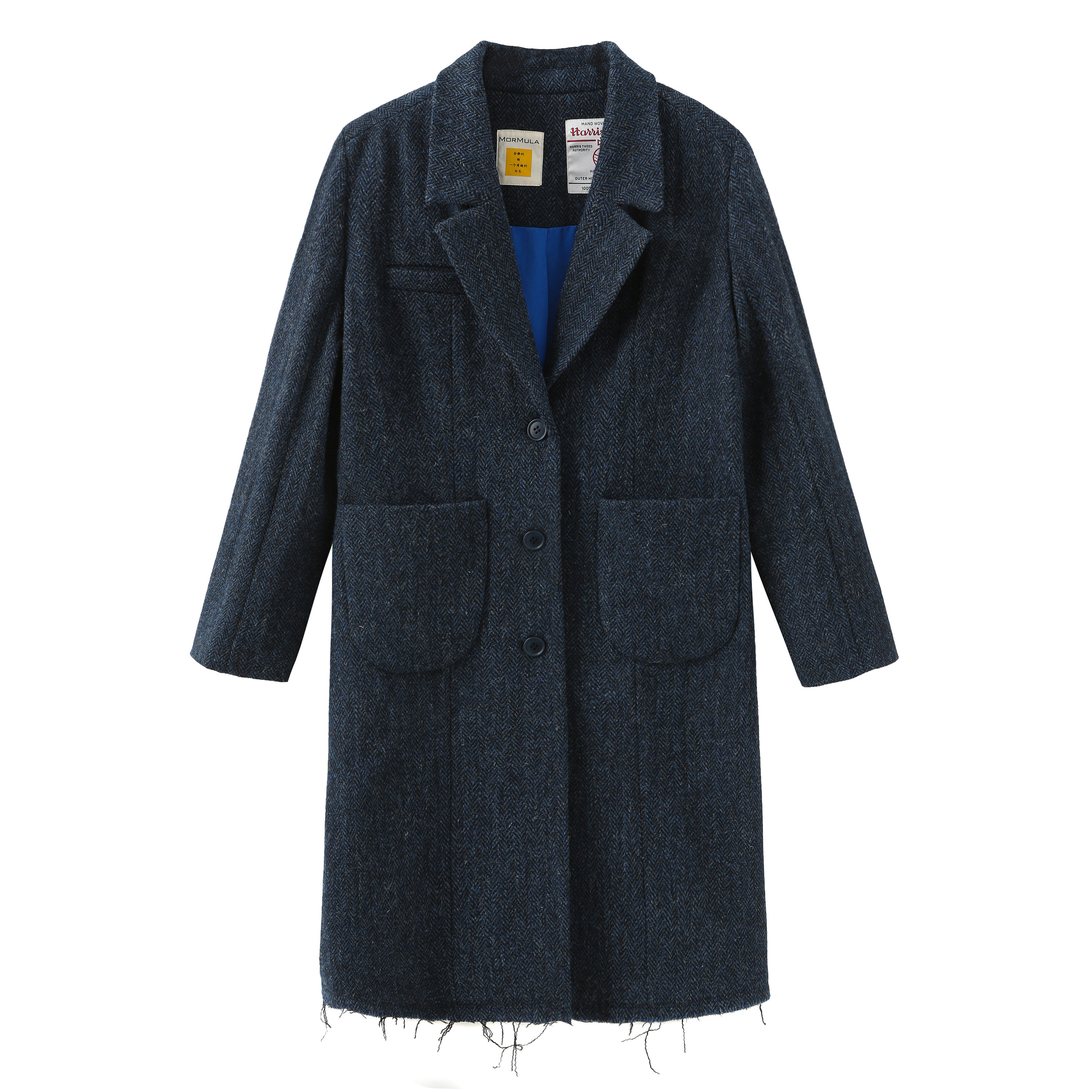 mormula19秋冬英国老牌harristweed经典蓝黑人字呢直筒撕边大衣