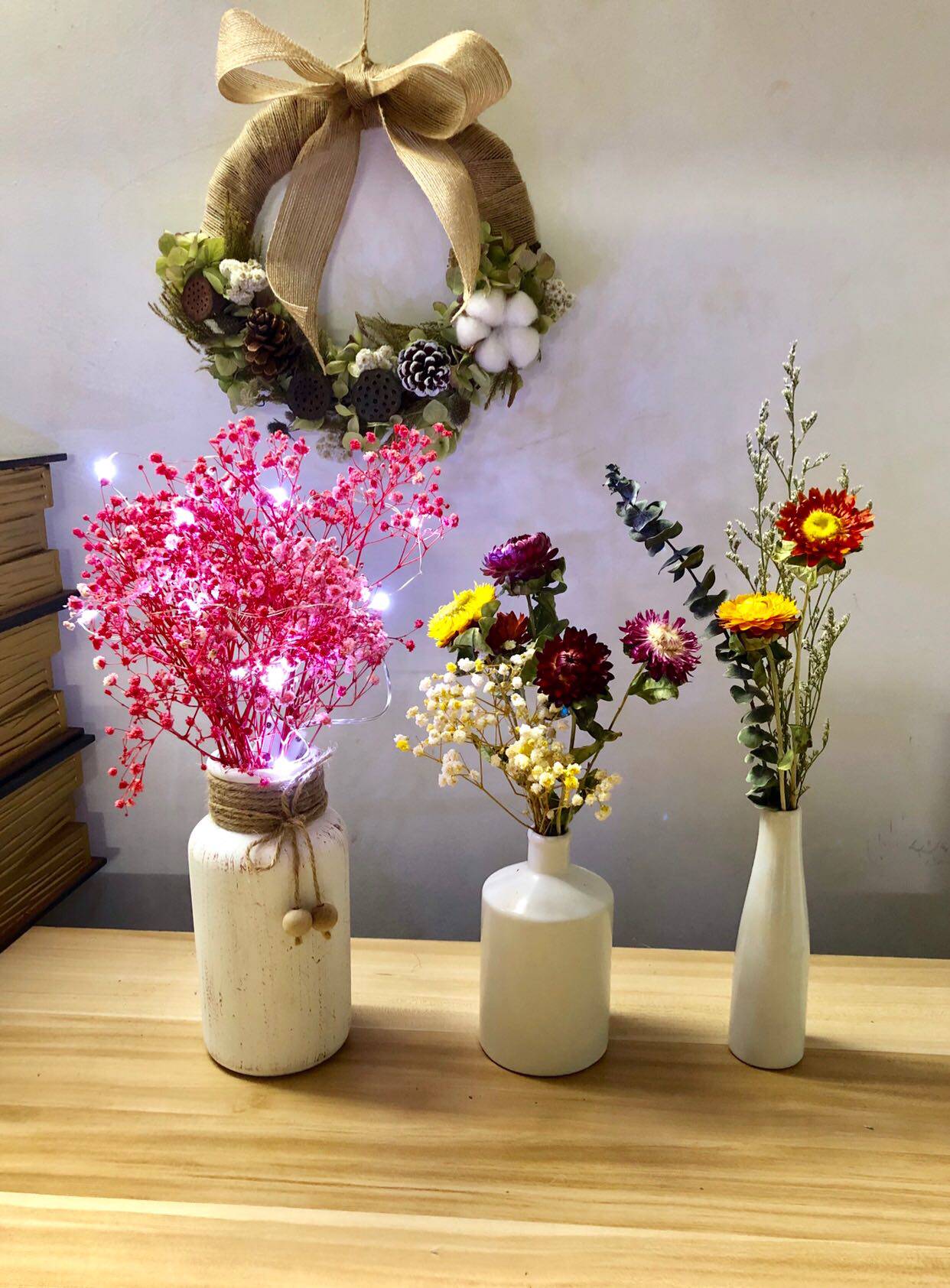 套装瓶子花艺摆台布置家装情人节永生白瓶子组合干花