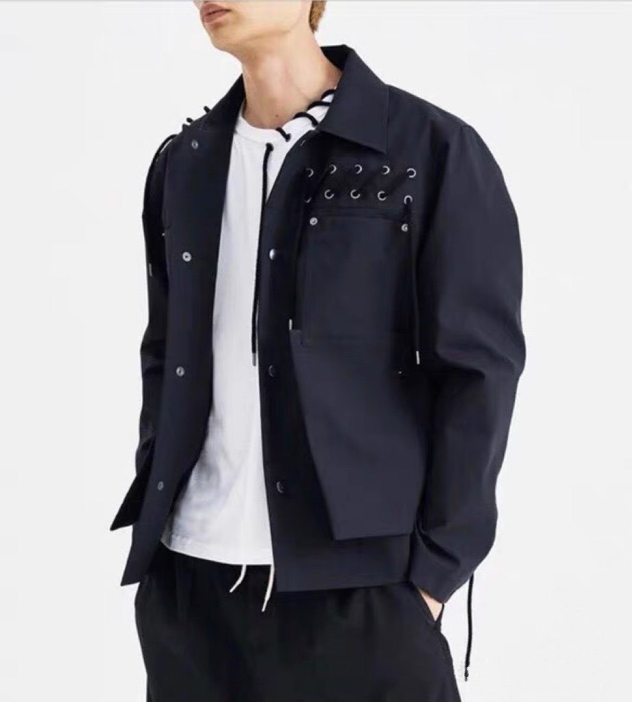 现货craiggreen黑色棉质抽绳飘带军旅长袖夹克夹克