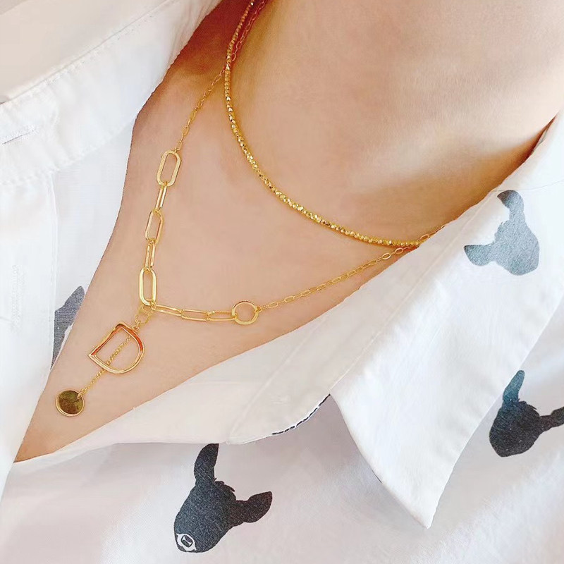 5g黄金d字圆牌套链足金999金项链女款时尚搭配毛衣特惠520礼物