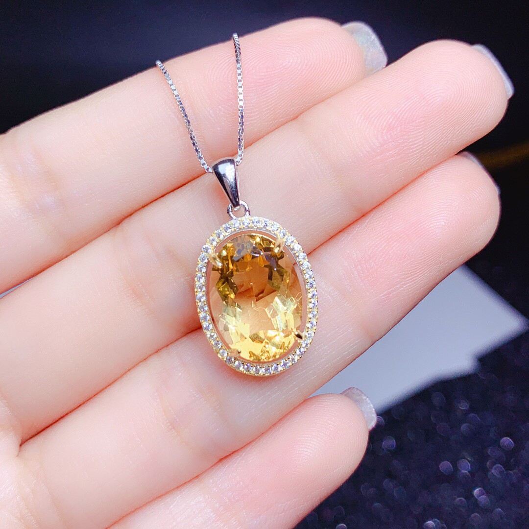 天然黄水晶吊坠项链18k白金镶嵌女款原矿彩宝项坠