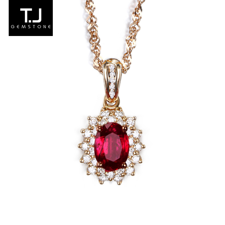 tj珠宝戴妃款无烧鸽血红红宝石吊坠18k金镶颈饰