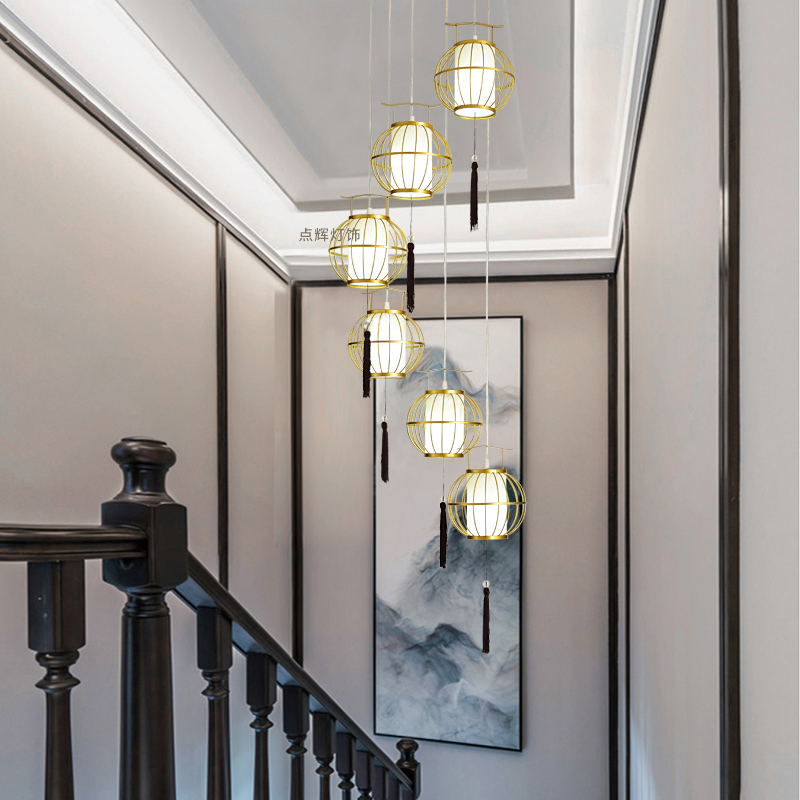 吊灯现代新中式楼梯间长灯中国风灯笼古典禅意loft