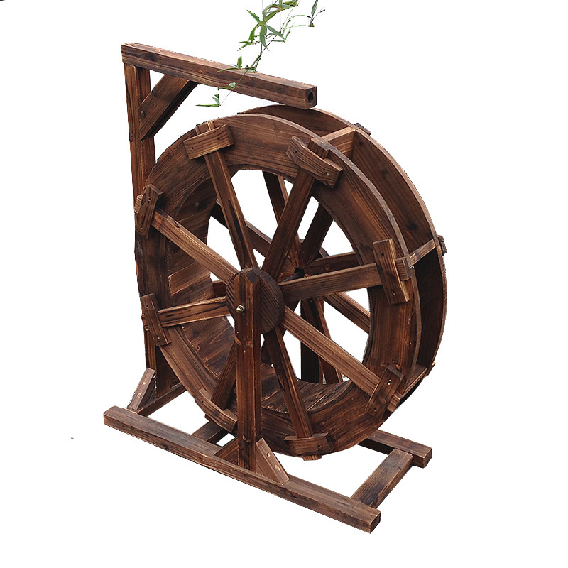 防腐木制假山鱼池大小型水车庭院流水生财风水轮转运轮木风车摆件