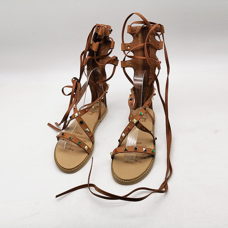 2021夏季铆钉罗马绑带凉鞋平底长筒性感露趾时装凉鞋