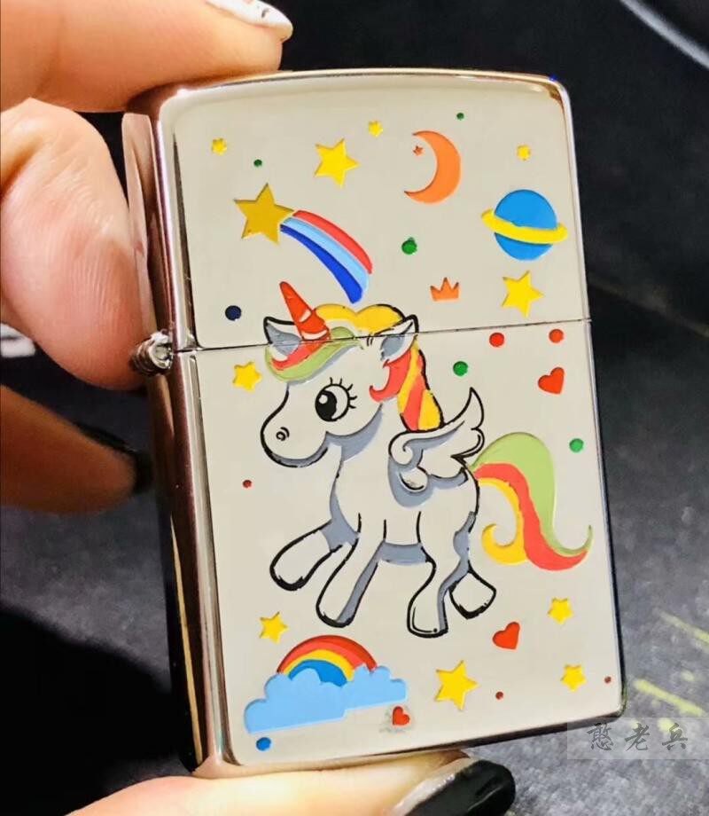 新款正版zippo打火机镜面深刻填漆星空独角兽彩虹zippo