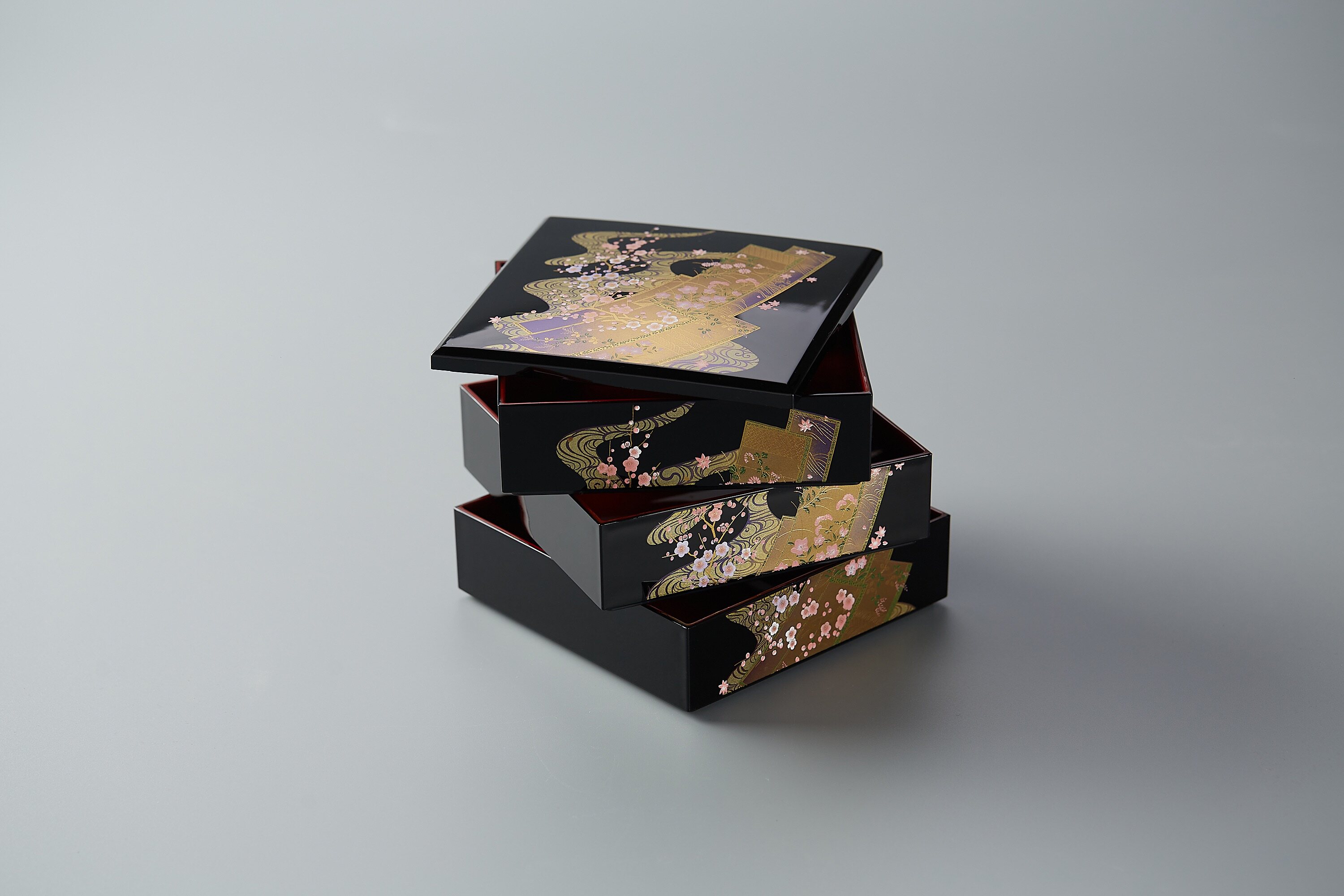 日本进口山中漆器金彩梅花三段日式糖果盒点心食物收纳盒