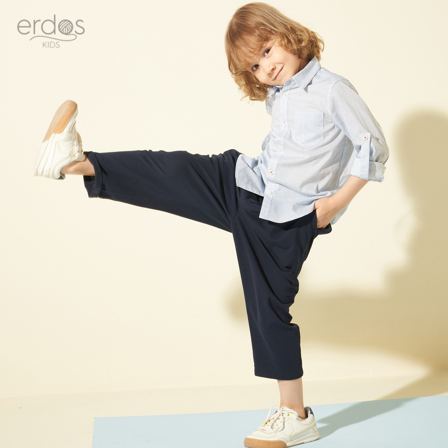 erdoskids春夏新品纯棉材质纽扣装饰男童长袖衬衫