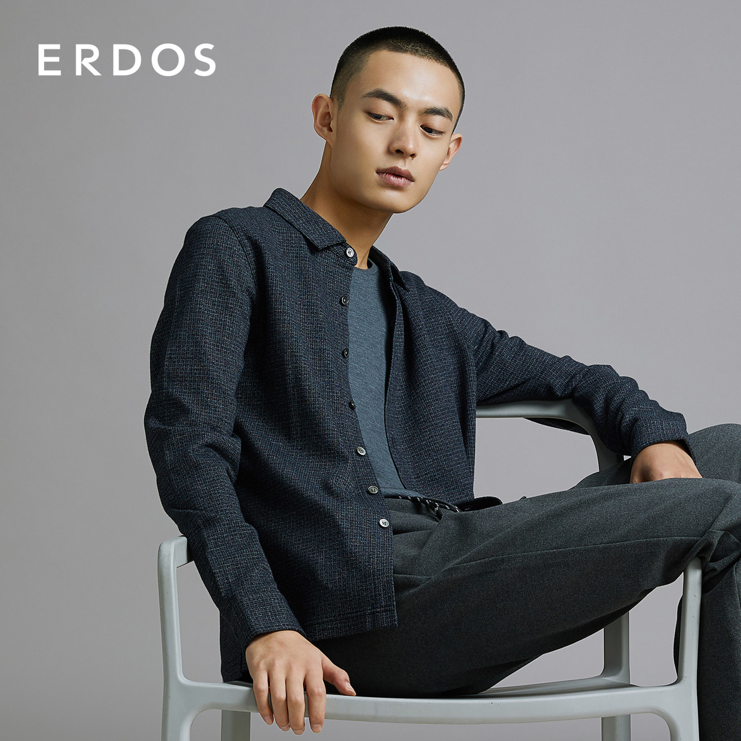erdos秋冬新品翻领长袖百搭休闲针织衬衫羊毛衬衫