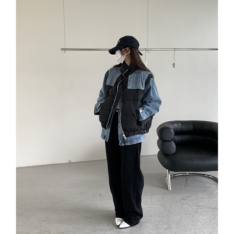 红人馆牛仔拼接棉服女冬季加厚港风棉衣设计感小众假两件棉袄外套