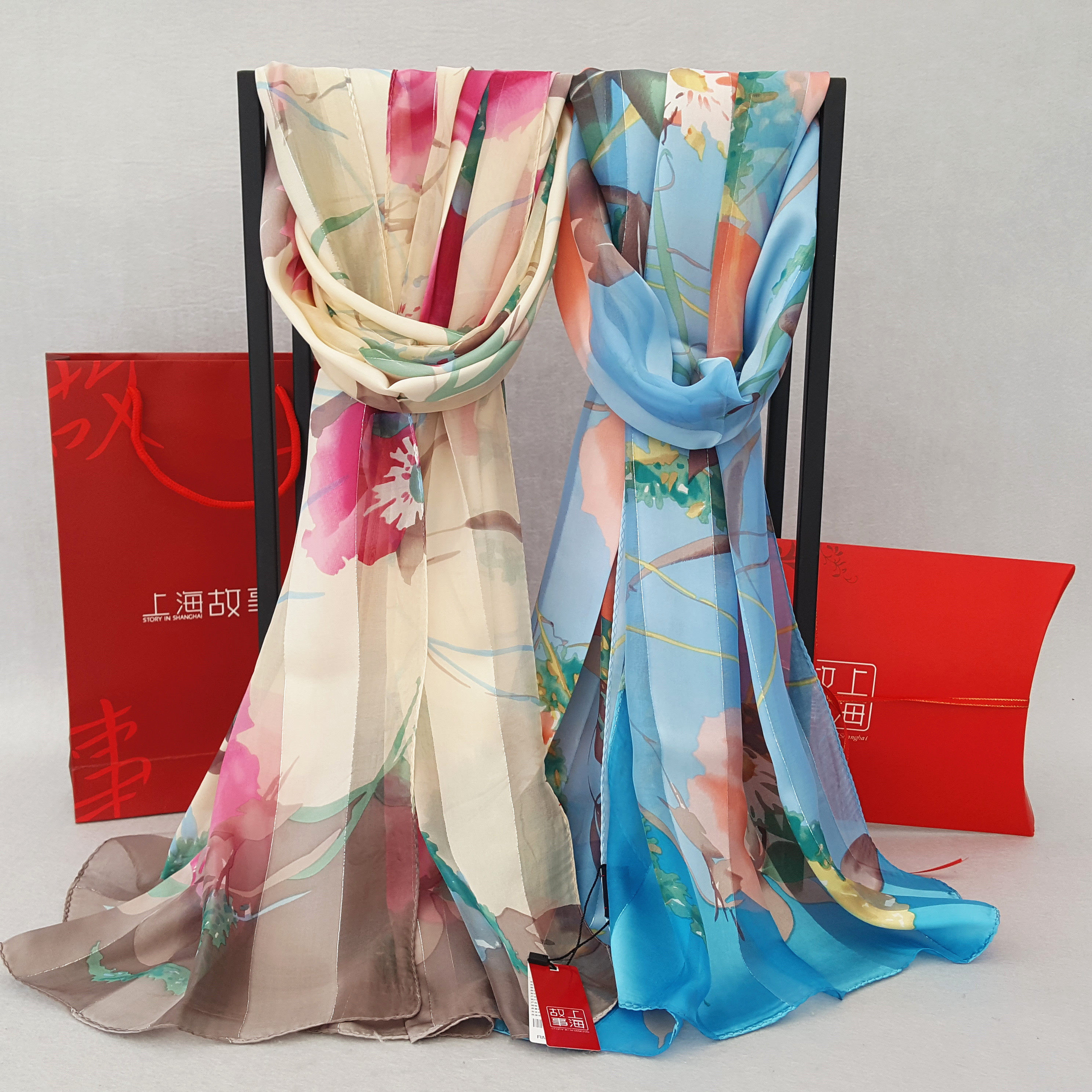 包邮上海故事桑蚕蚕丝缎条真丝丝巾秋冬长款杭州围巾