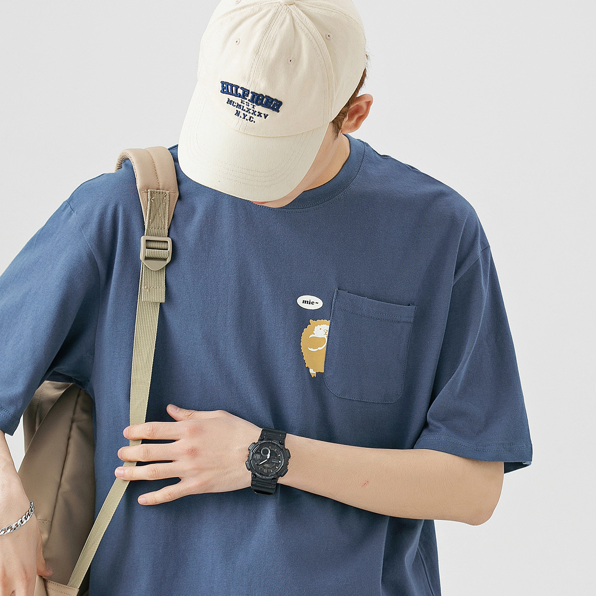 短袖T恤男潮ins潮流2022新款简约卡通印花体恤宽松百搭纯棉打底衫