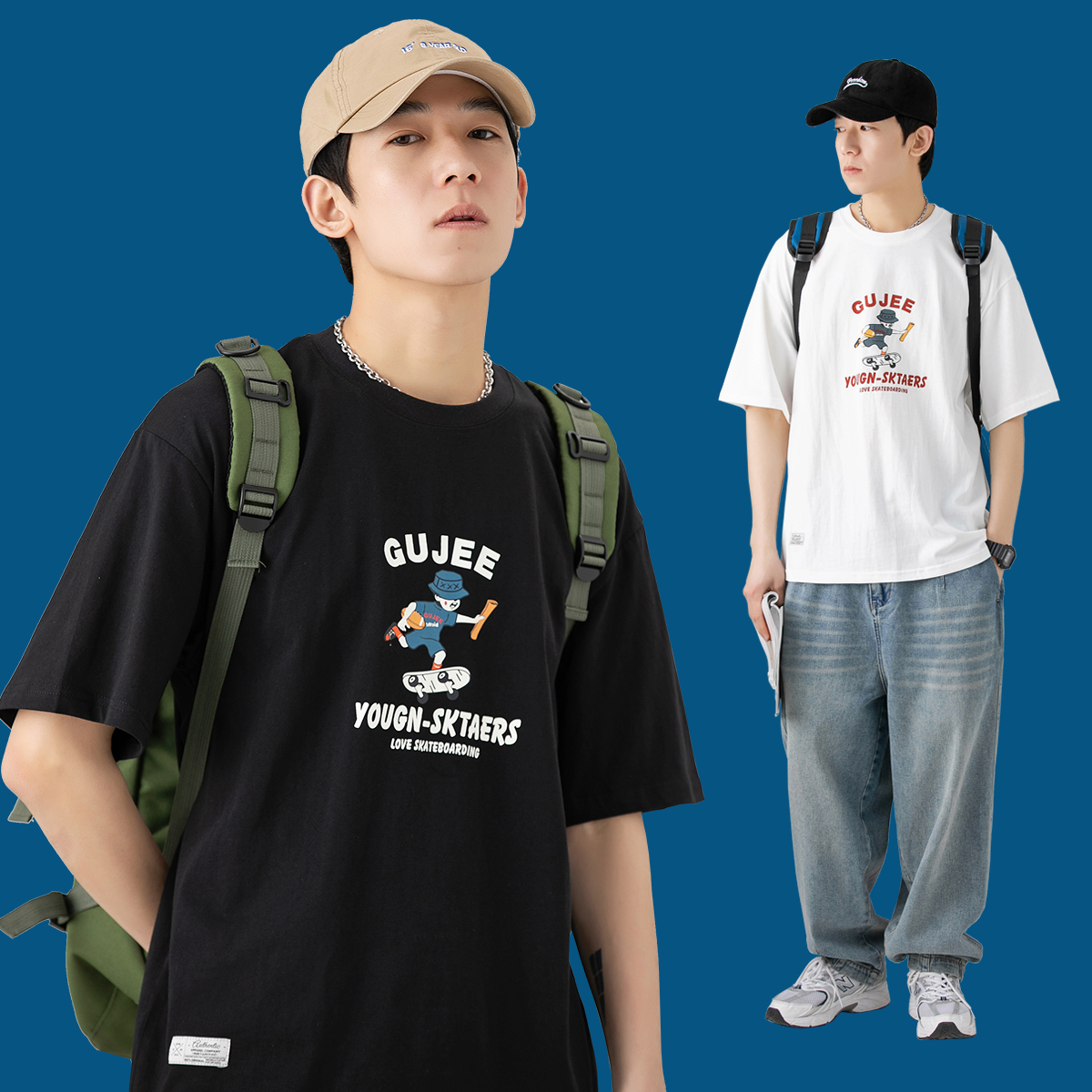 GBOY滑板男孩夏季圆领短袖T恤男潮流潮牌百搭打底衫宽松休闲体恤