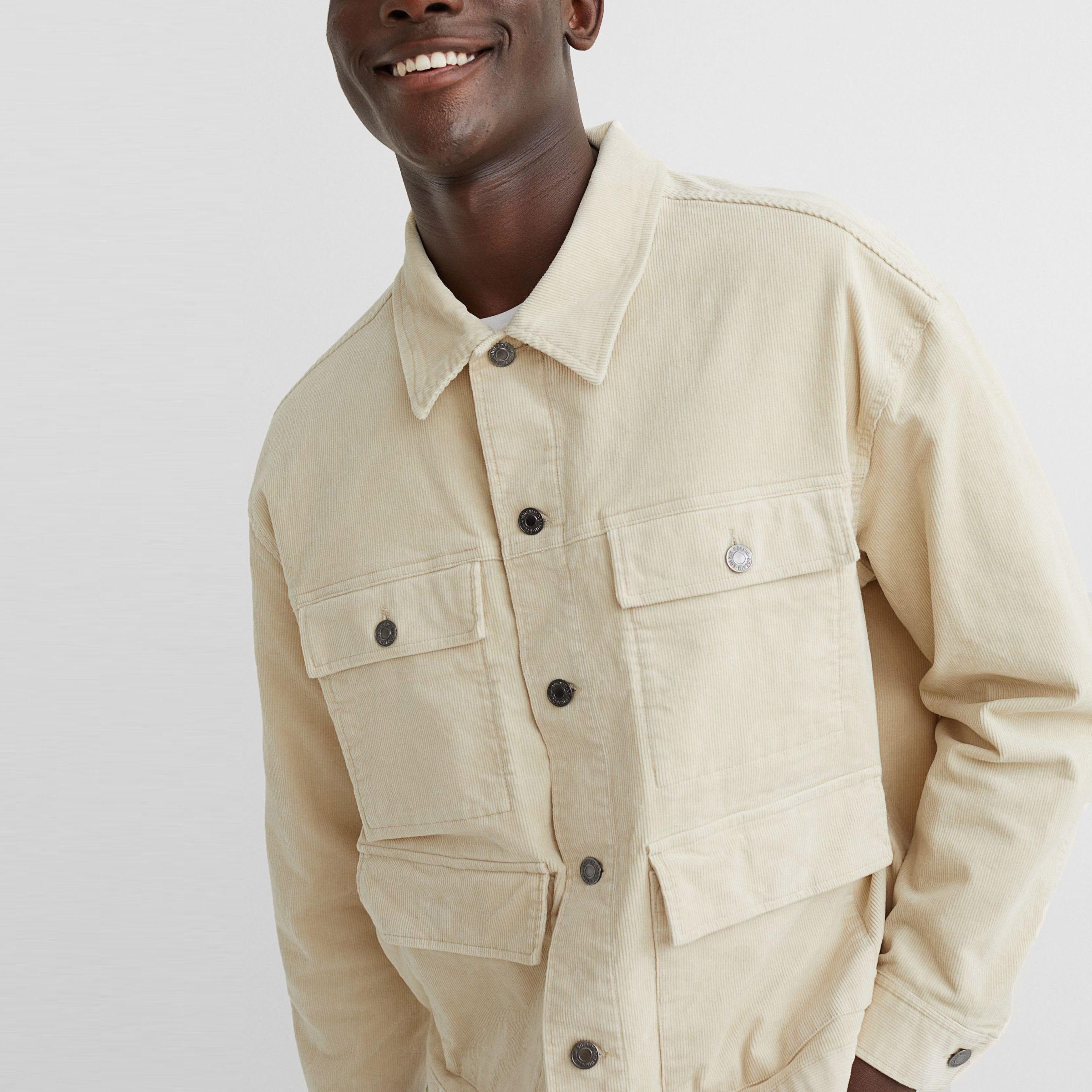 正品hm男装宽松灯芯绒多袋棉服翻领夹克外套夹克