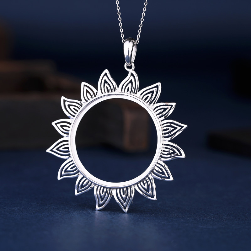 空托纯银s925吊坠圆形镶嵌蜜蜡琥珀绿松松石项坠